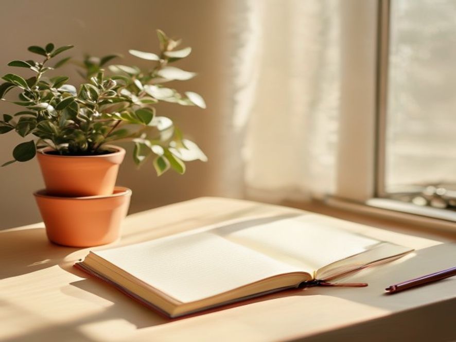An open notebook with pen and a plant in natural morning light
