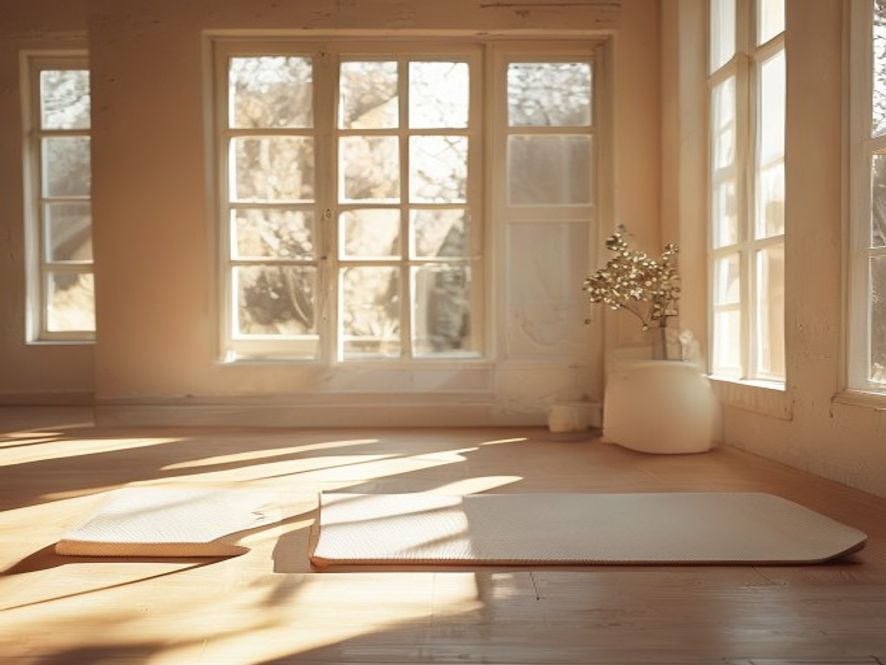 A light-filled studio with a yoga mat and water bottle on wooden flooring