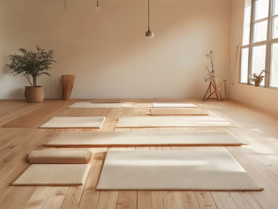 A studio space with various movement equipment neatly arranged on a light wooden floor