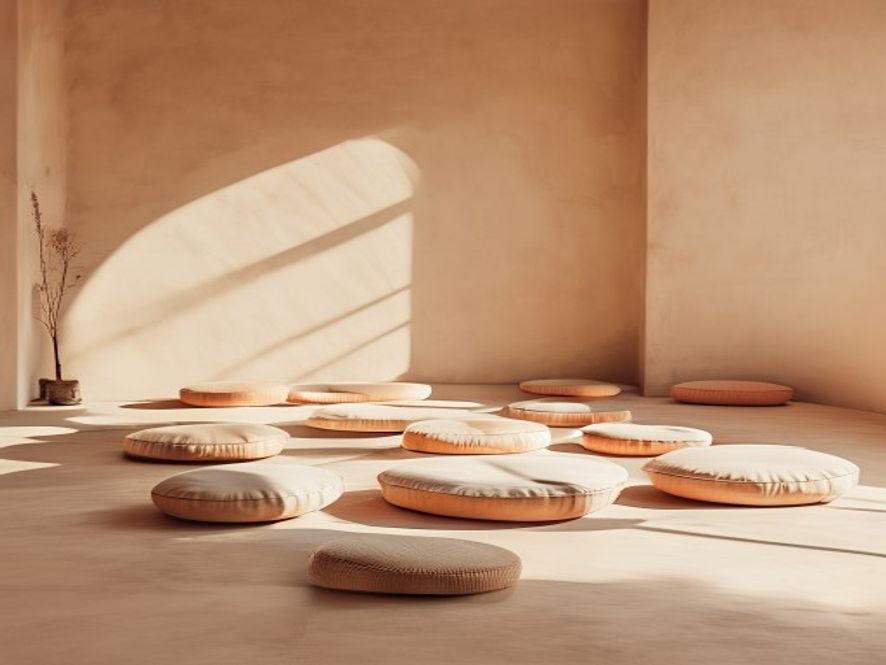 A circular arrangement of cushions in a calm studio space with soft natural light