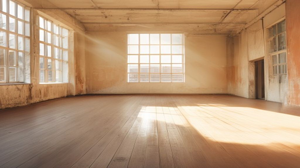 Bright morning light streaming through a window in a spacious studio