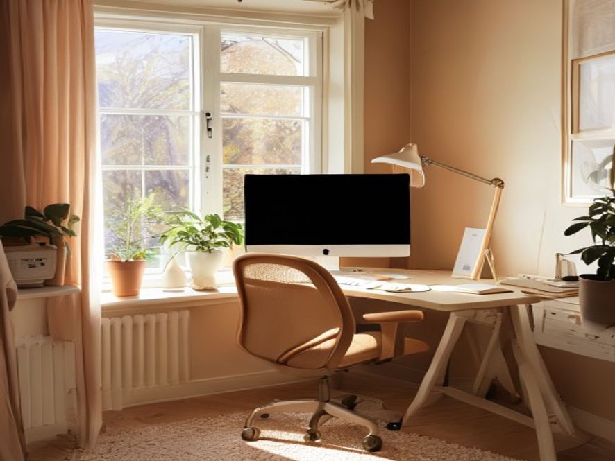 A bright workspace with a desk, ergonomic chair, and a window showing daylight