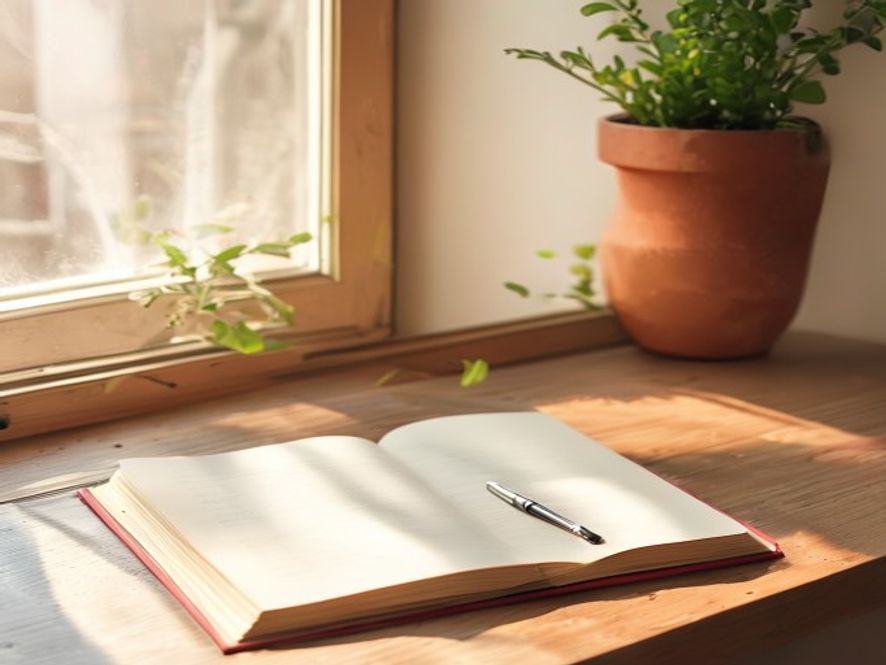 A morning scene with an open notebook and a cup of herbal tea on a wooden desk